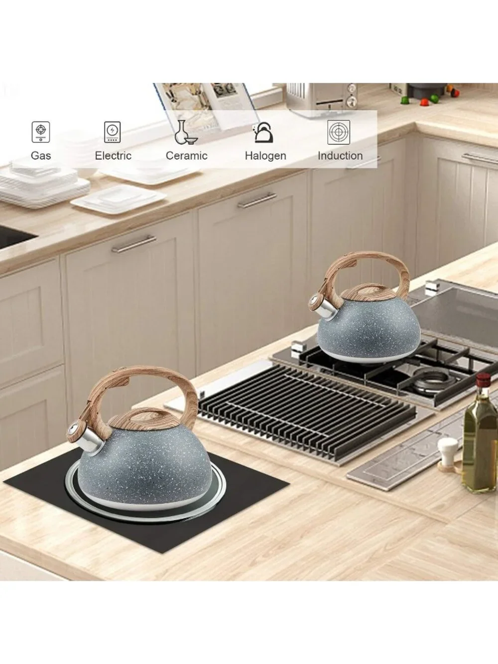 Gray Kitchen Whistling Tea Kettle 2.2 Quart Stainless Steel Stovetop Induction